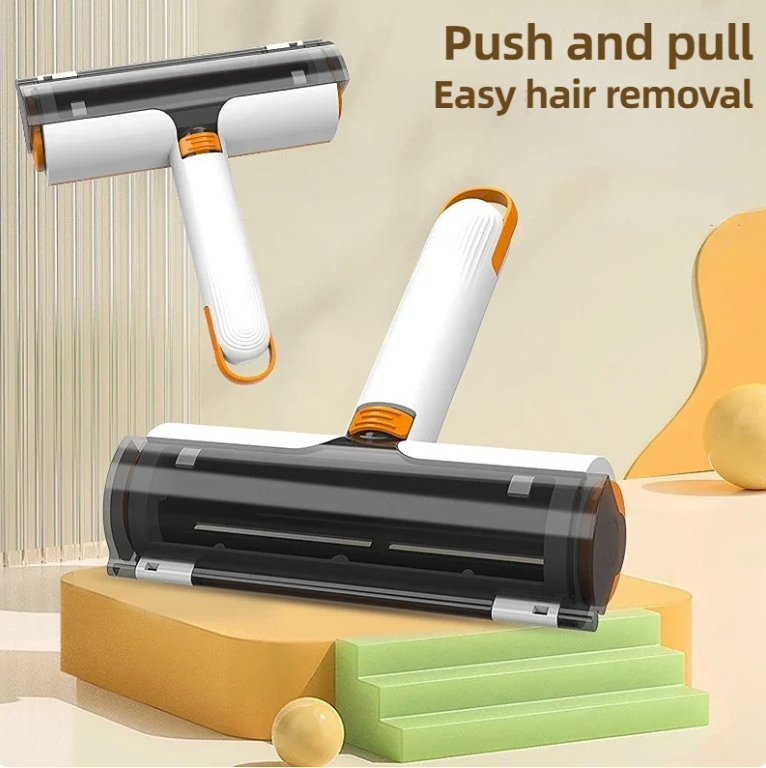 Two angles of one white and orange roller